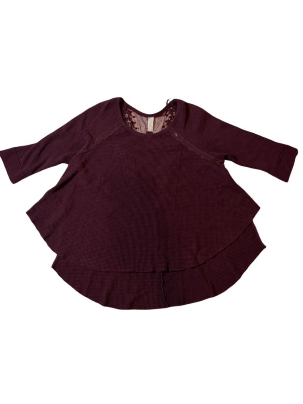 Free People Waffle Knit Swing Top Burgundy Lace Back Boho Cozy Thermal
